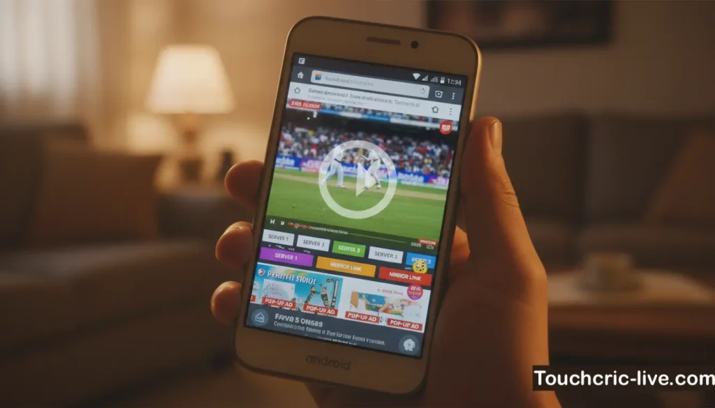 A close-up of a hand scrolling through a cricket live stream on a budget Android smartphone browser.