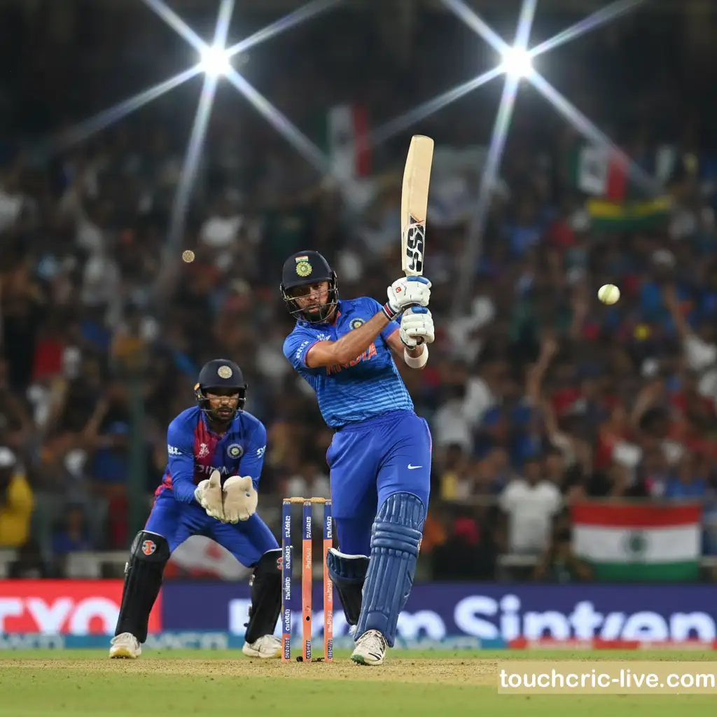 Cricket batsman playing an aggressive shot during an ICC T20 World Cup match with a packed international stadium in the background | watch live cricket in USA
