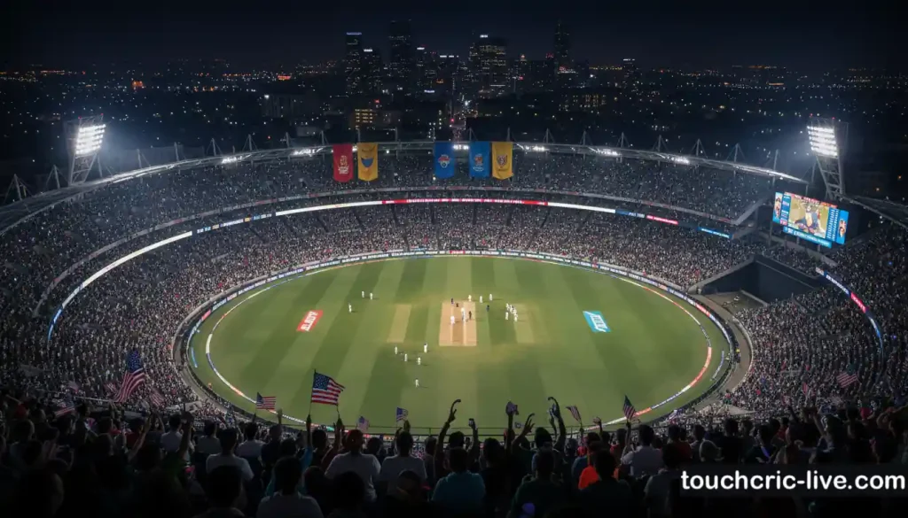 Packed cricket stadium in the United States at night with diverse fans waving American and cricket team flags under bright floodlights