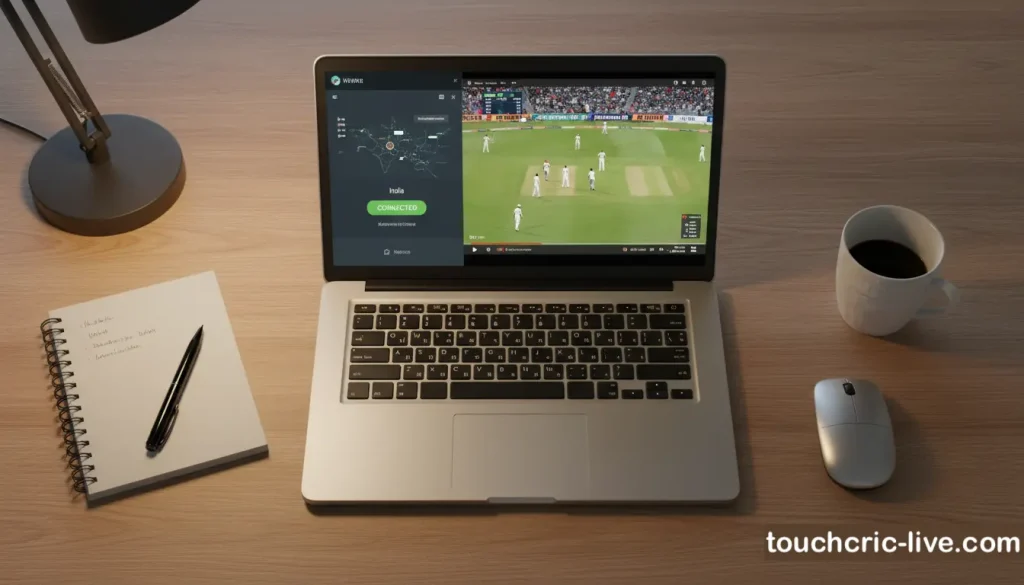 A focused overhead shot of a laptop on a wooden desk with a VPN app interface visible on screen alongside a cricket livestream.