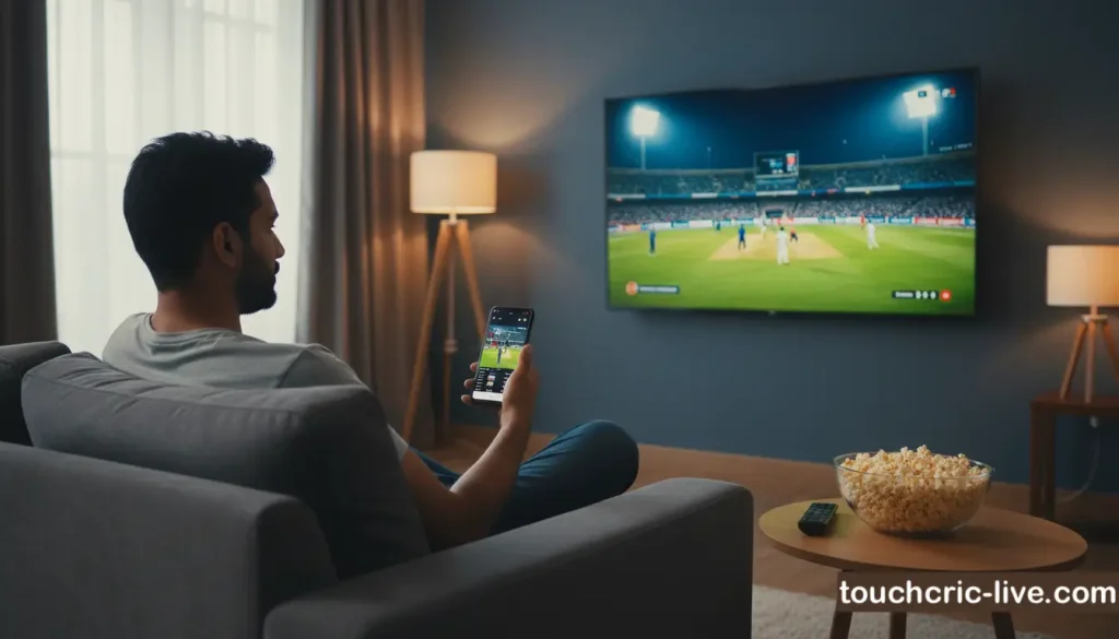 Person watching a live cricket match on a large smart TV at home while holding a smartphone used to cast the stream wirelessly