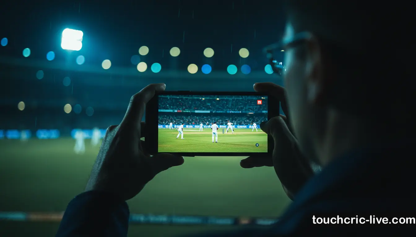 a person holding a modern smartphone in landscape mode, watching a live cricket match on screen.