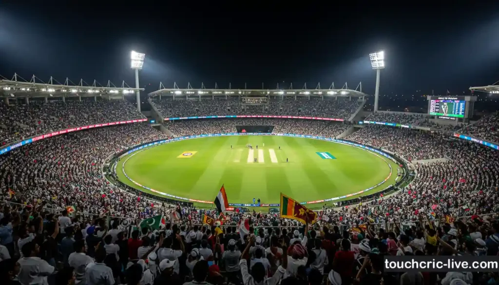 Packed cricket stadium in the UAE at night under floodlights with a diverse crowd of fans waving Indian Pakistani and UAE flags