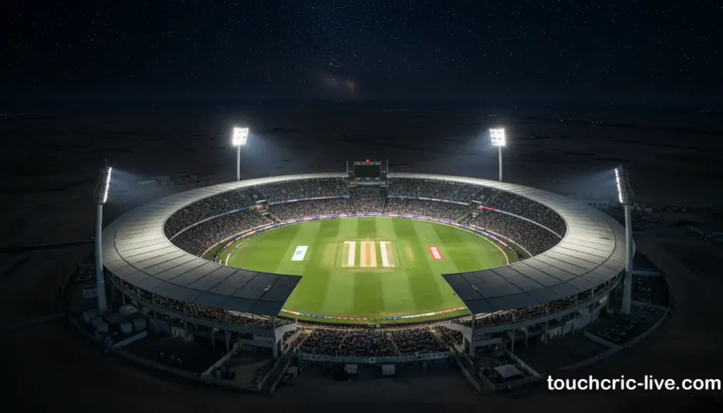 Aerial view of a cricket stadium in the UAE at night during a floodlit match with the desert landscape visible beyond the stadium boundaries
