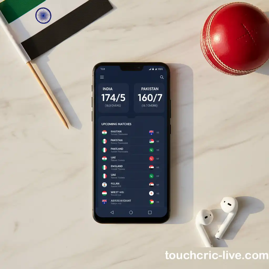 Touchcric app on Android smartphone to watch live cricket in UAE showing a live match scorecard and upcoming matches on screen