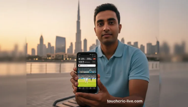 A cricket fan in Dubai watching live cricket on a smartphone with the Burj Khalifa and Dubai skyline softly blurred in the background