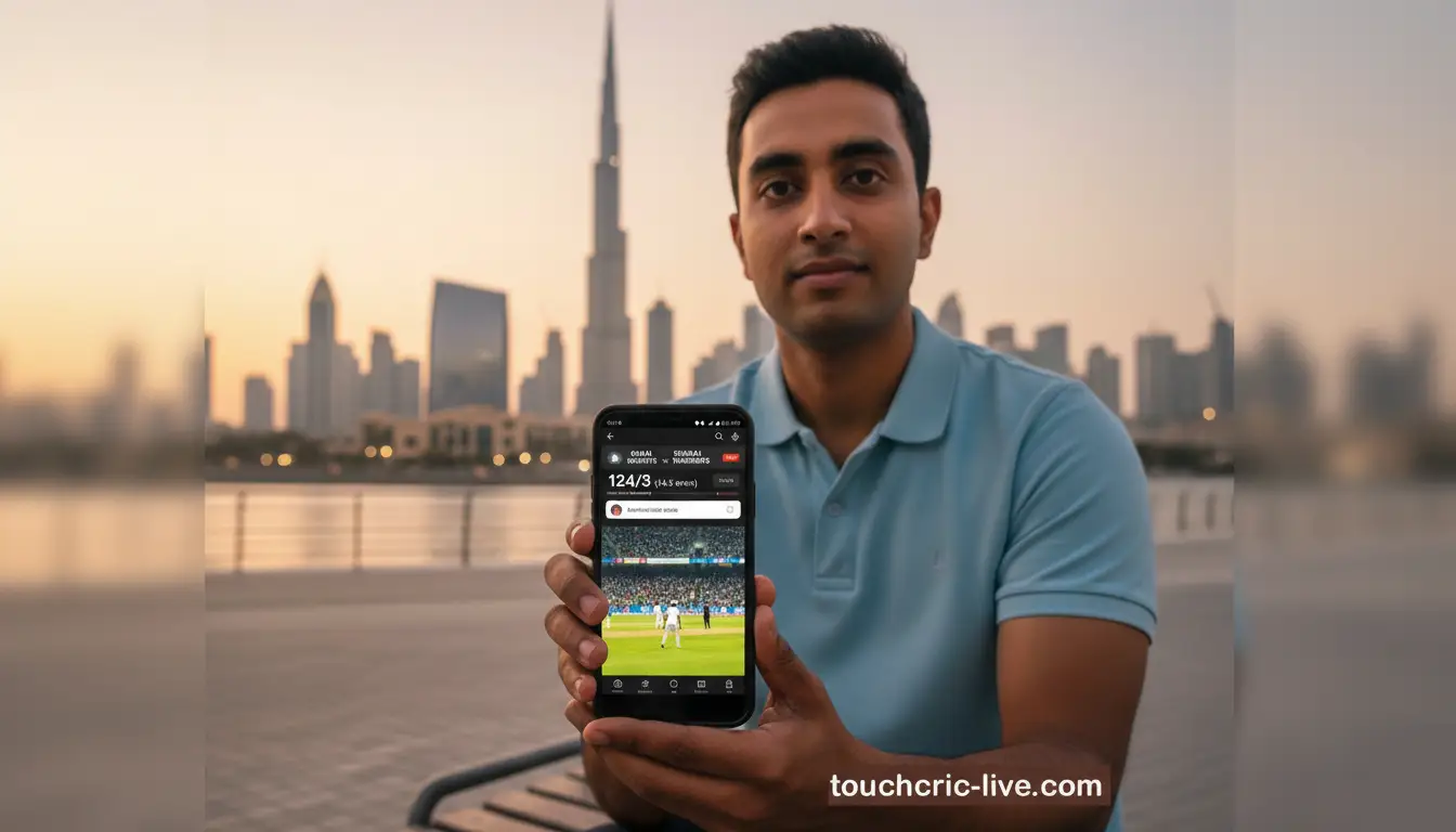 A cricket fan in Dubai watching live cricket on a smartphone with the Burj Khalifa and Dubai skyline softly blurred in the background