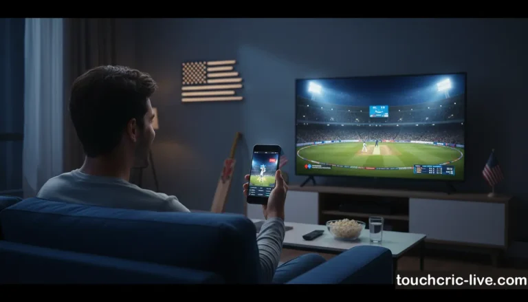 Fan watching live cricket streaming in the United States on smartphone and TV during T20 World Cup 2026 watch live cricket in USA