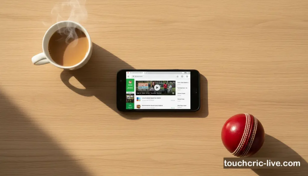 Smartphone displaying a live cricket streaming page on Touchcric in a mobile browser