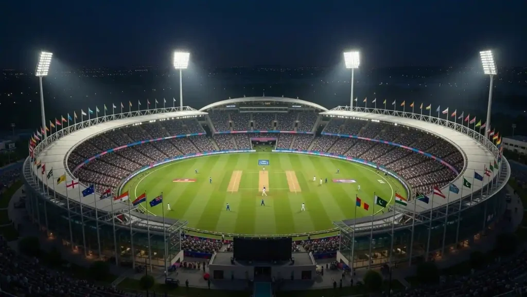 Packed cricket stadium in India during ICC T20 World Cup 2026 night match