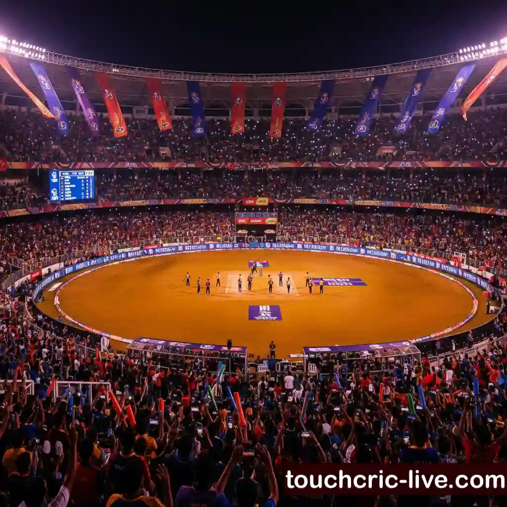 Colorful IPL 2026 cricket stadium packed with fans during a floodlit night match