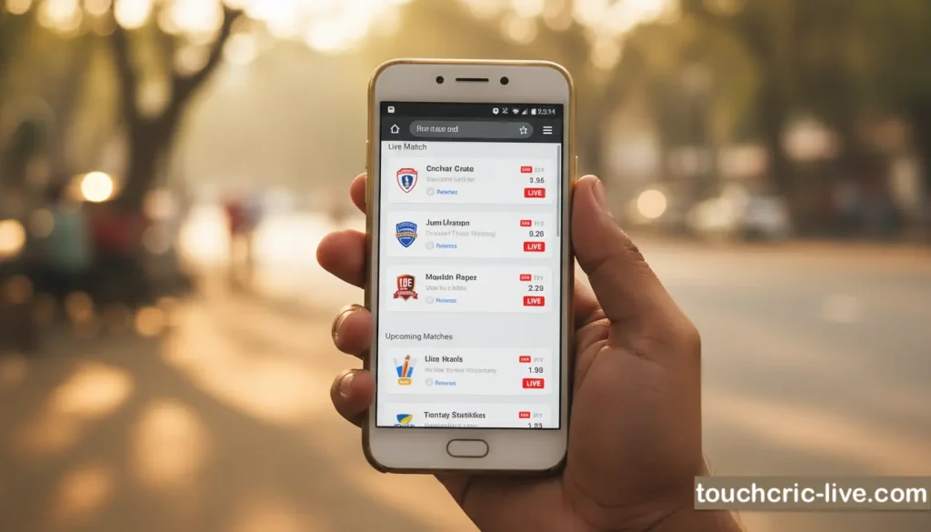Hand holding Android smartphone browsing live cricket matches on Touchcric mobile website